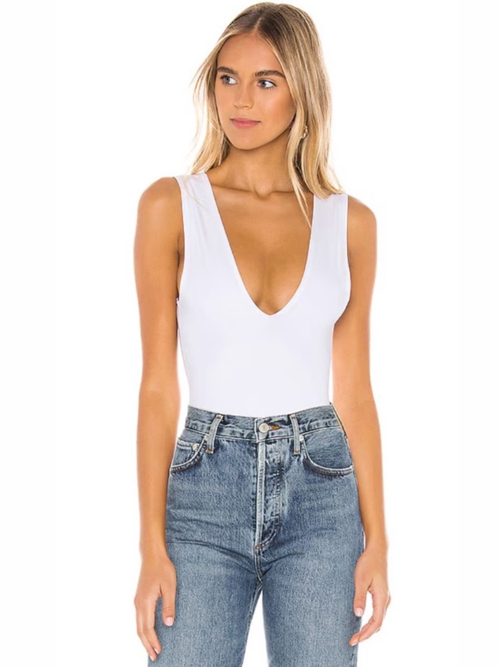 Free People White Deep V-Neck Tank Bodysuit
